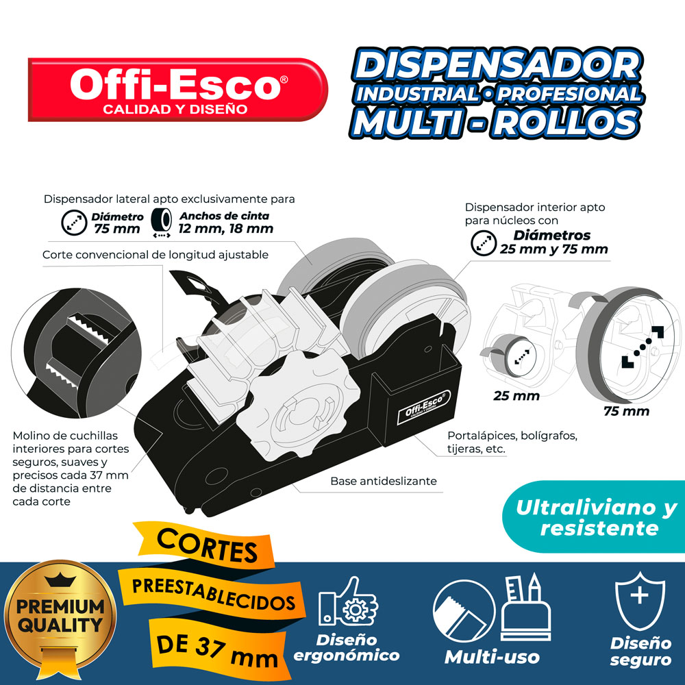 Dispensador OE-754 Offi Esco Multirollo 12mm/18mm/24mm/36mm Corte 37mm | CD 051140
